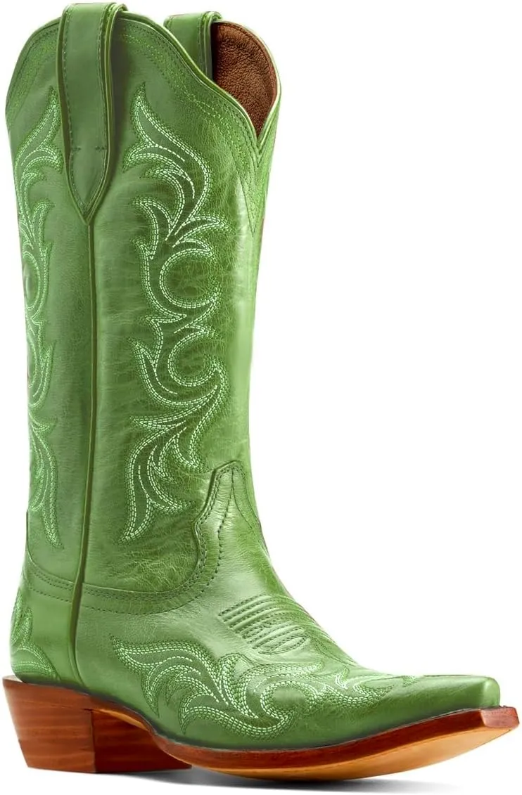 Women Vintage Western Boots Embroidered Knee High Cowboy Boots Chunky Stacked Heel Pointed-Square Toe Mid Calf Cowgirl Boots Metallic Matte Leather Pull On V Cut Fall Boot Exotic 4-11 M US