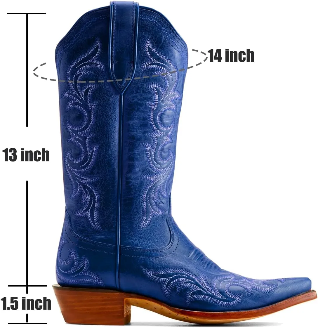 Women Vintage Western Boots Embroidered Knee High Cowboy Boots Chunky Stacked Heel Pointed-Square Toe Mid Calf Cowgirl Boots Metallic Matte Leather Pull On V Cut Fall Boot Exotic 4-11 M US