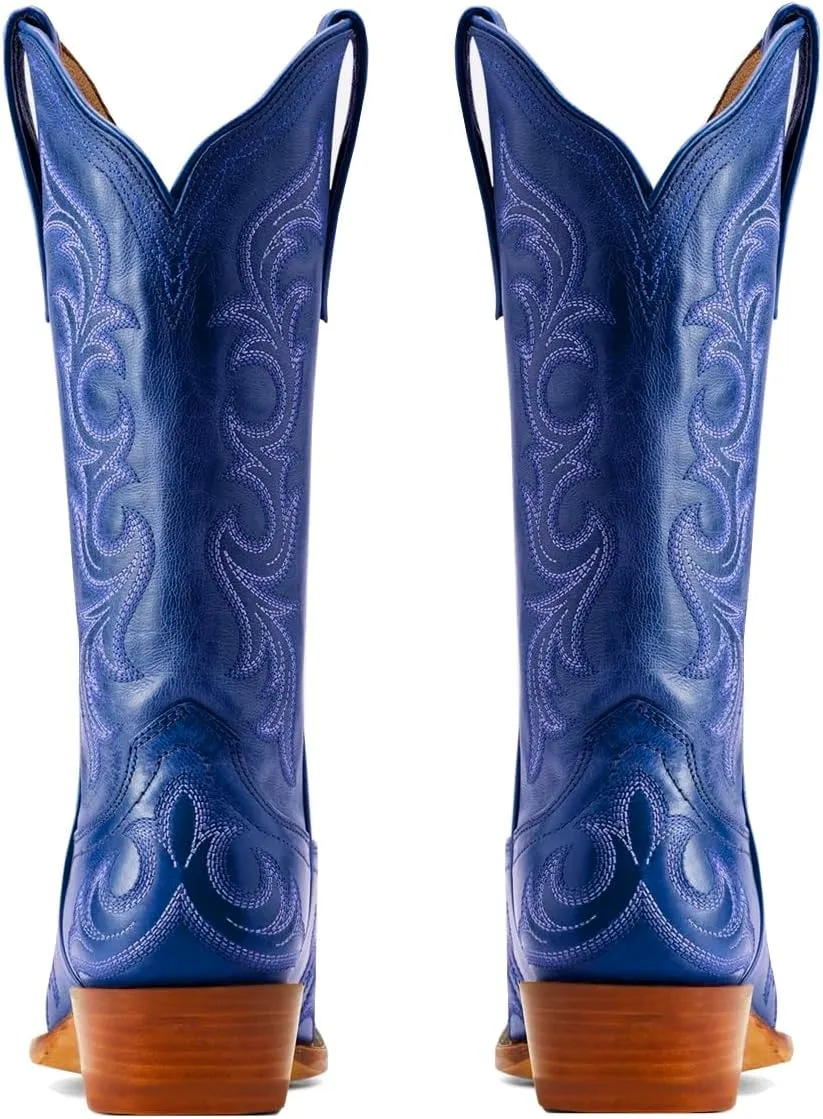 Women Vintage Western Boots Embroidered Knee High Cowboy Boots Chunky Stacked Heel Pointed-Square Toe Mid Calf Cowgirl Boots Metallic Matte Leather Pull On V Cut Fall Boot Exotic 4-11 M US