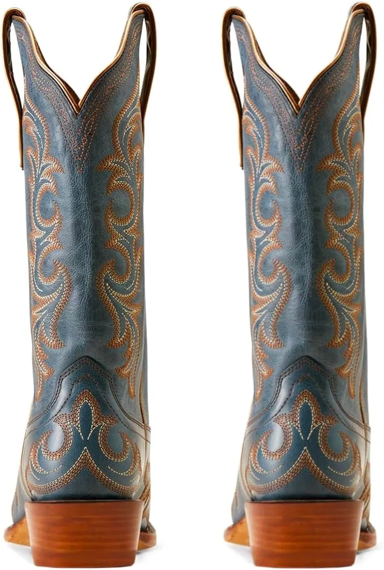 Women Vintage Western Boots Embroidered Knee High Cowboy Boots Chunky Stacked Heel Pointed-Square Toe Mid Calf Cowgirl Boots Metallic Matte Leather Pull On V Cut Fall Boot Exotic 4-11 M US