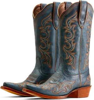 Women Vintage Western Boots Embroidered Knee High Cowboy Boots Chunky Stacked Heel Pointed-Square Toe Mid Calf Cowgirl Boots Metallic Matte Leather Pull On V Cut Fall Boot Exotic 4-11 M US