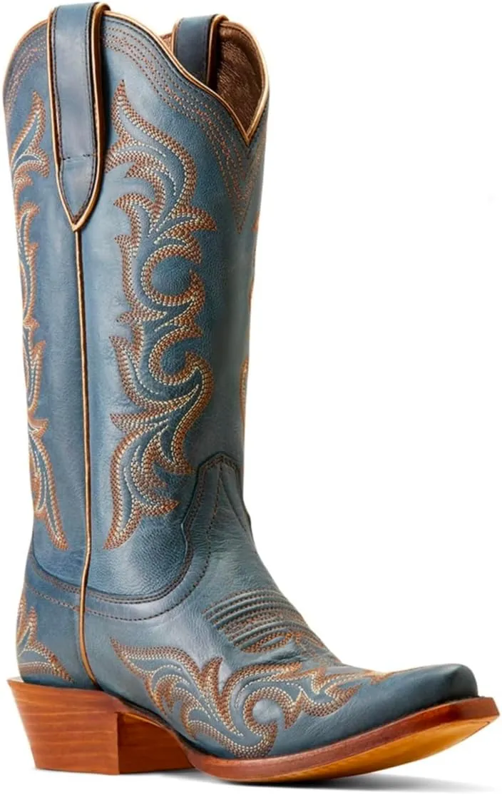Women Vintage Western Boots Embroidered Knee High Cowboy Boots Chunky Stacked Heel Pointed-Square Toe Mid Calf Cowgirl Boots Metallic Matte Leather Pull On V Cut Fall Boot Exotic 4-11 M US