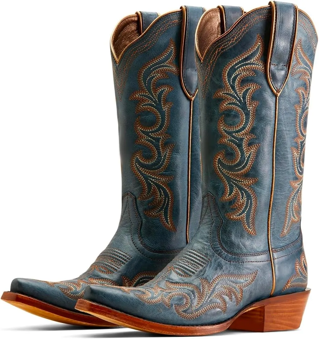 Women Vintage Western Boots Embroidered Knee High Cowboy Boots Chunky Stacked Heel Pointed-Square Toe Mid Calf Cowgirl Boots Metallic Matte Leather Pull On V Cut Fall Boot Exotic 4-11 M US