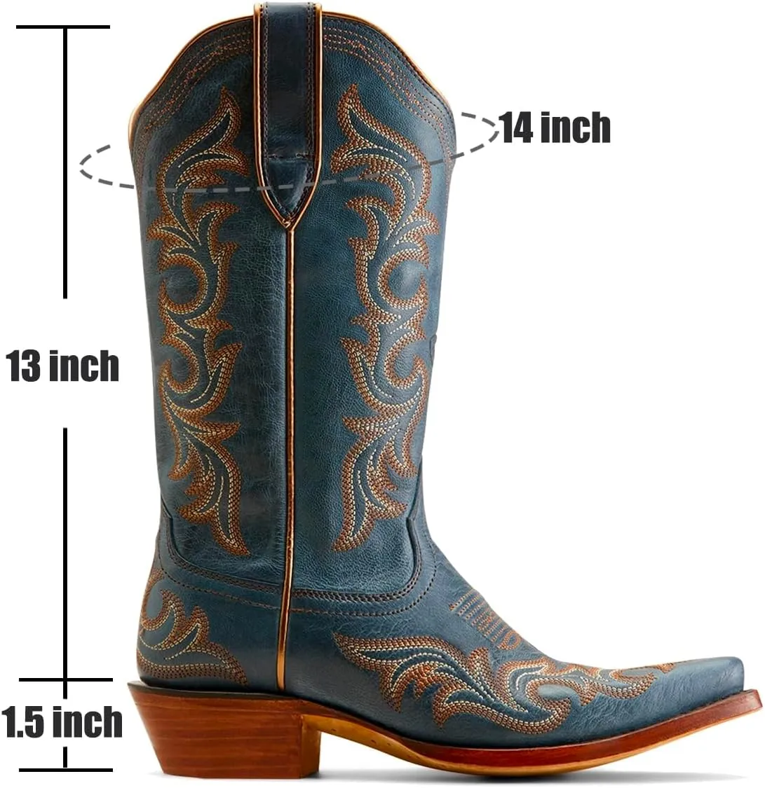 Women Vintage Western Boots Embroidered Knee High Cowboy Boots Chunky Stacked Heel Pointed-Square Toe Mid Calf Cowgirl Boots Metallic Matte Leather Pull On V Cut Fall Boot Exotic 4-11 M US