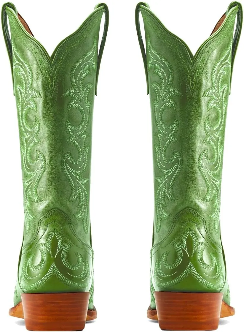 Women Vintage Western Boots Embroidered Knee High Cowboy Boots Chunky Stacked Heel Pointed-Square Toe Mid Calf Cowgirl Boots Metallic Matte Leather Pull On V Cut Fall Boot Exotic 4-11 M US