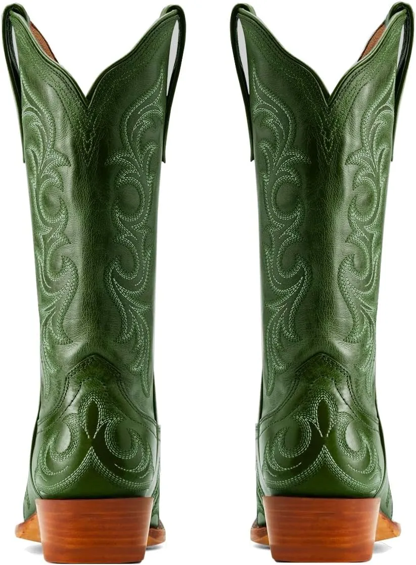 Women Vintage Western Boots Embroidered Knee High Cowboy Boots Chunky Stacked Heel Pointed-Square Toe Mid Calf Cowgirl Boots Metallic Matte Leather Pull On V Cut Fall Boot Exotic 4-11 M US