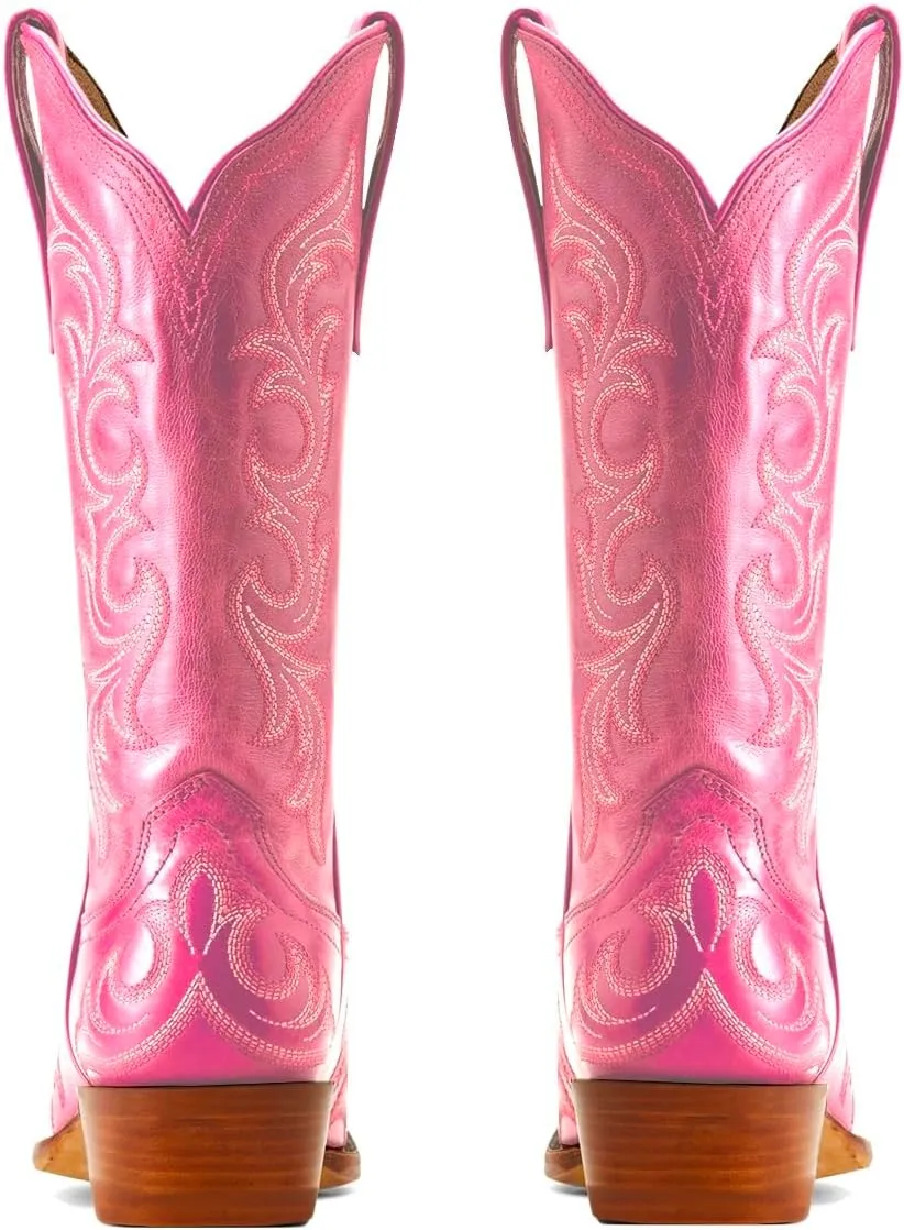 Women Vintage Western Boots Embroidered Knee High Cowboy Boots Chunky Stacked Heel Pointed-Square Toe Mid Calf Cowgirl Boots Metallic Matte Leather Pull On V Cut Fall Boot Exotic 4-11 M US