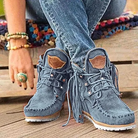Women's Ankle Boots Low Heel Short Boots Retro Boho Suede Tassel Fringe Boots Lace Up Round Toe Flat Walking Booties - Blue, US Size 8.5 (Asian Size 40)