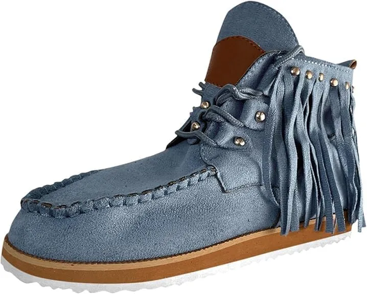 Women's Ankle Boots Low Heel Short Boots Retro Boho Suede Tassel Fringe Boots Lace Up Round Toe Flat Walking Booties - Blue, US Size 8.5 (Asian Size 40)
