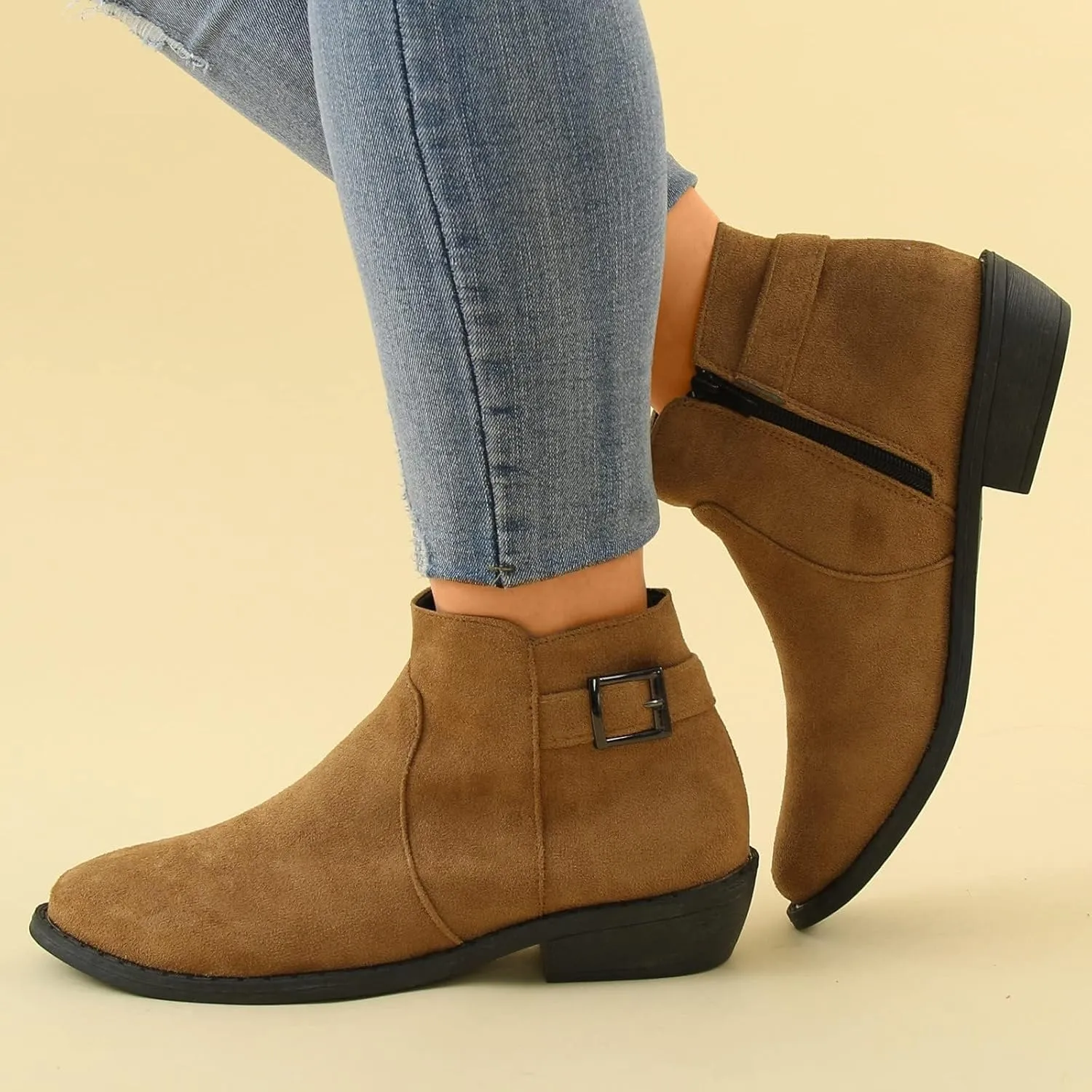 Women's Ankle Boots Low Stacked Chunky Heels Zipper Round Toe Slip on Chelsea Booties Winter Leopard Fashion Boots