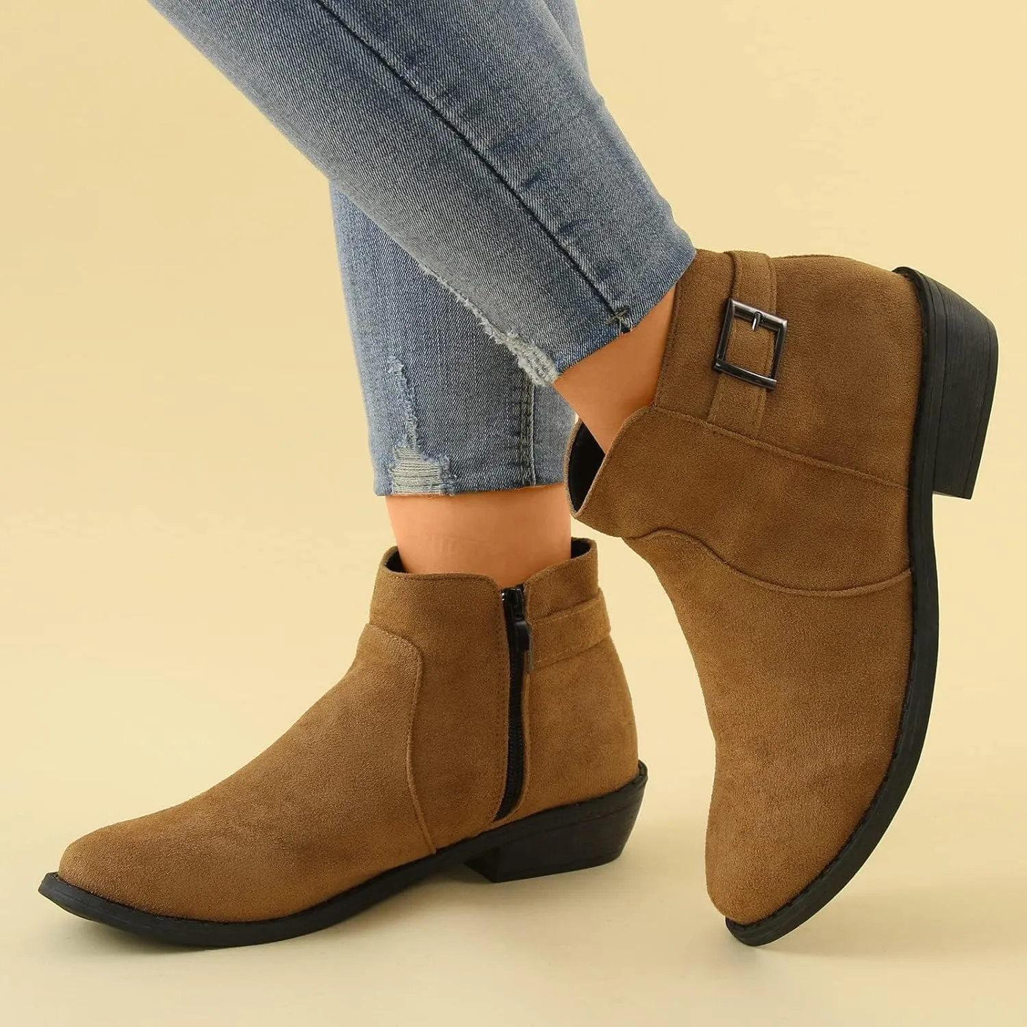 Women's Ankle Boots Low Stacked Chunky Heels Zipper Round Toe Slip on Chelsea Booties Winter Leopard Fashion Boots