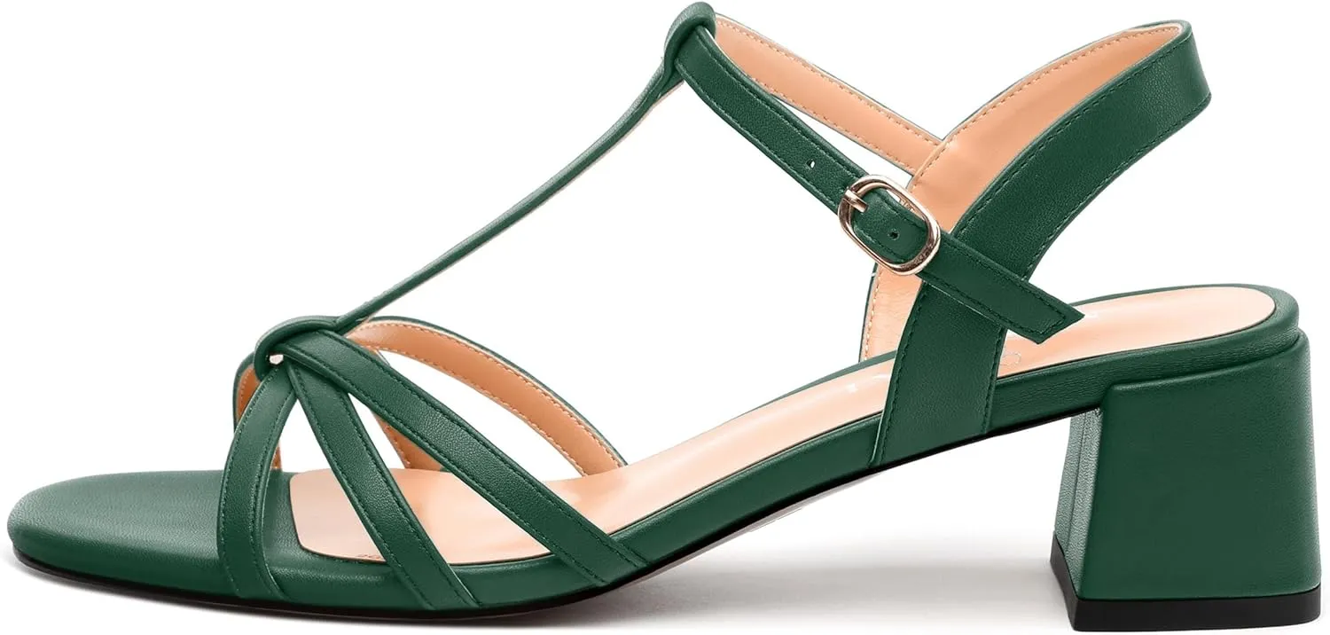 Womens Block Heel Sandals, Open Toe Low Chunky Heel T-strap Sandals for Women, Ankle Strap Sandals with Buckle, Comfort Strappy Sandals 2"