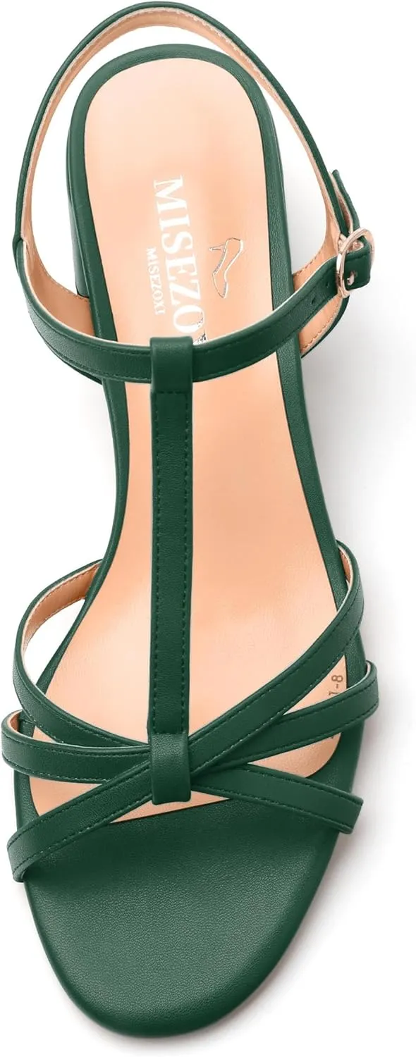 Womens Block Heel Sandals, Open Toe Low Chunky Heel T-strap Sandals for Women, Ankle Strap Sandals with Buckle, Comfort Strappy Sandals 2"