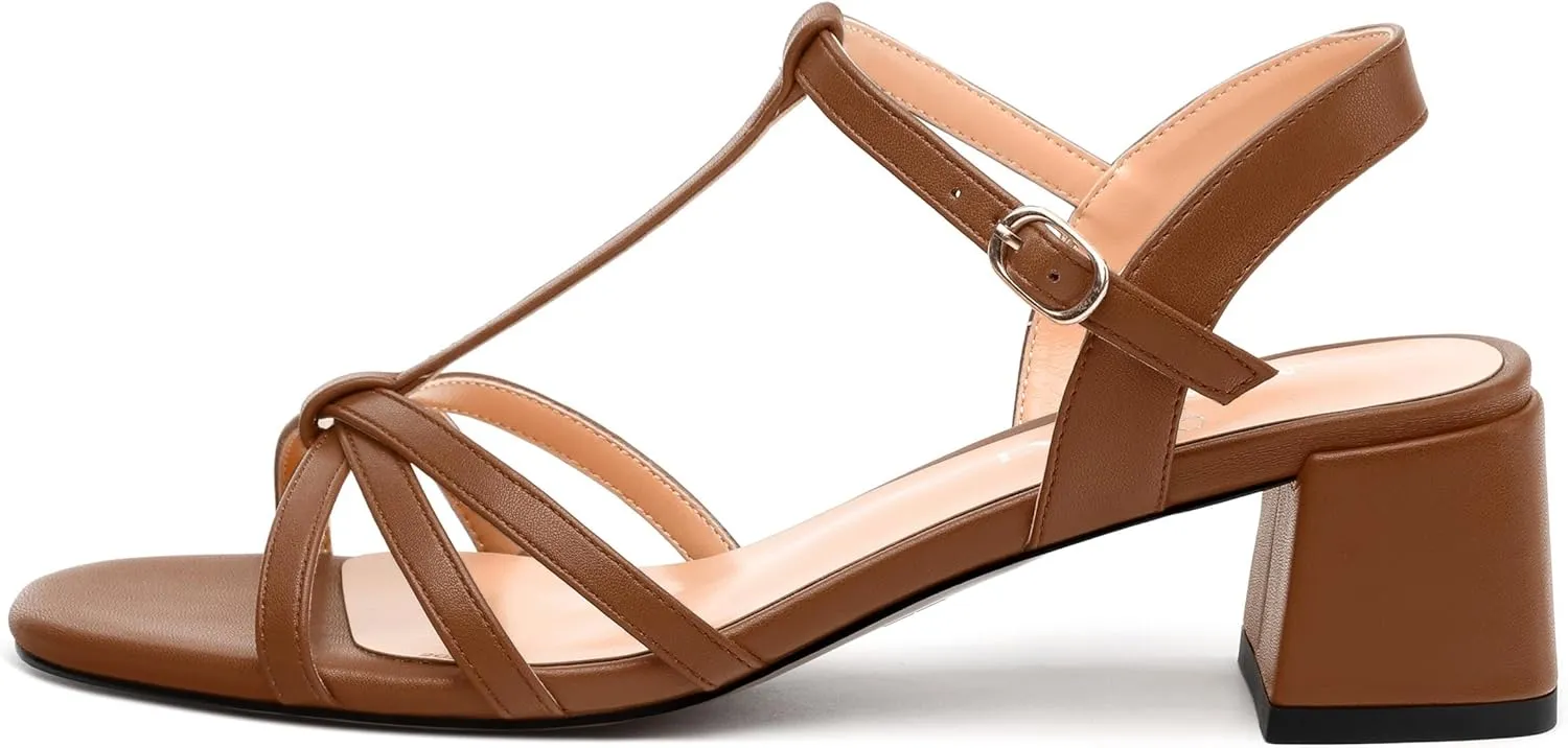 Womens Block Heel Sandals, Open Toe Low Chunky Heel T-strap Sandals for Women, Ankle Strap Sandals with Buckle, Comfort Strappy Sandals 2"