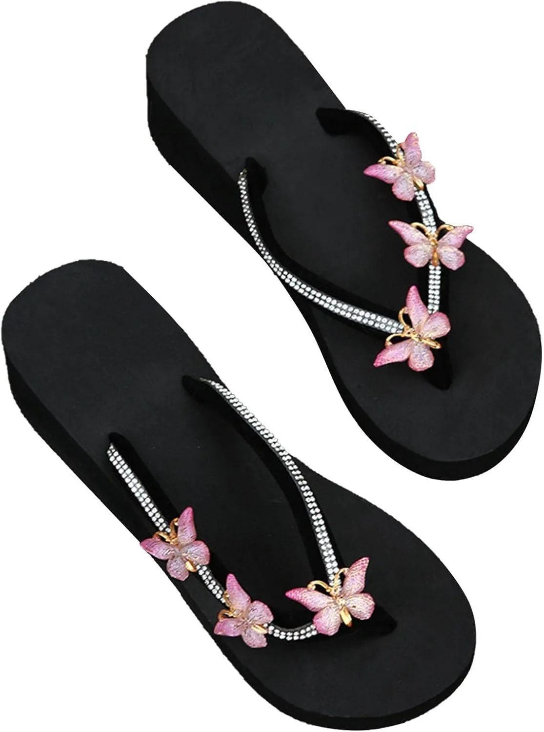 Womens Butterfly Rhinestone Flip Flop Sandals Summer Casual Thong Strap Clip Toe Wedge Heel Platform Slipper Comfortable Slip-on Beach Shoes