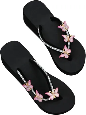 Womens Butterfly Rhinestone Flip Flop Sandals Summer Casual Thong Strap Clip Toe Wedge Heel Platform Slipper Comfortable Slip-on Beach Shoes