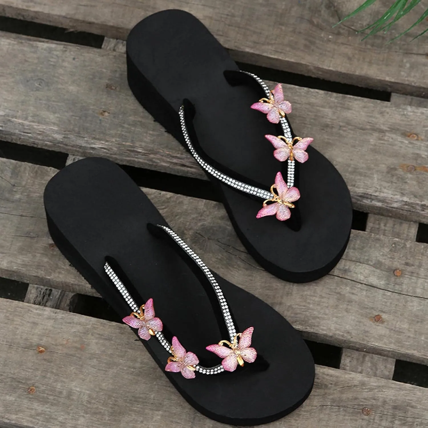 Womens Butterfly Rhinestone Flip Flop Sandals Summer Casual Thong Strap Clip Toe Wedge Heel Platform Slipper Comfortable Slip-on Beach Shoes