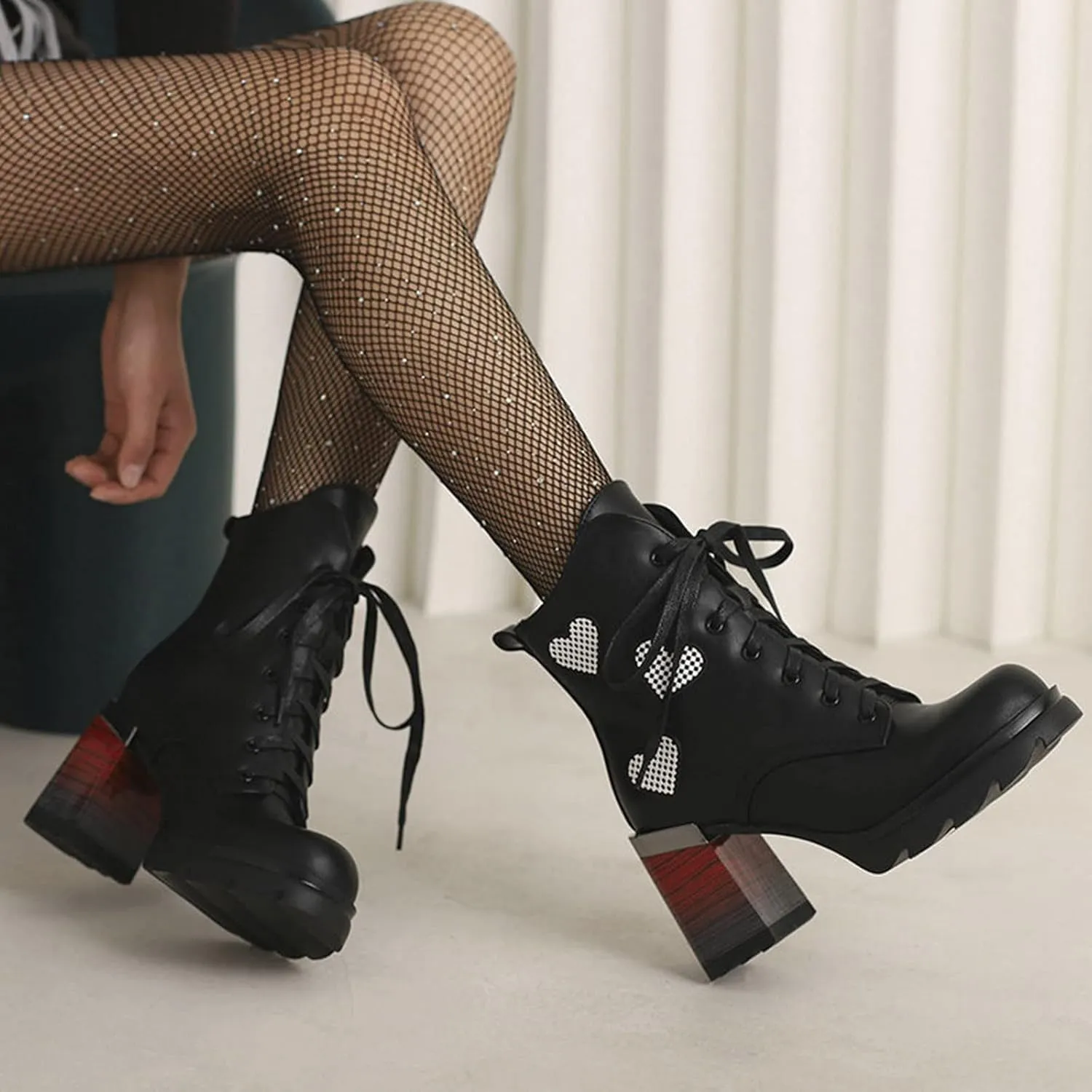 Women's Chunky Heel Ankle Booties Platform Round Toe High Block Heel Lace up Combat Boots Fashion Boot Shoes