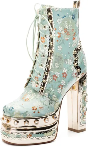 Women's Double Platform Ankle Boots Chunky Heel Booties Side Zipper Square Toe High Heel Casual Silk Embroidered Boots with Lace Up & Pearl
