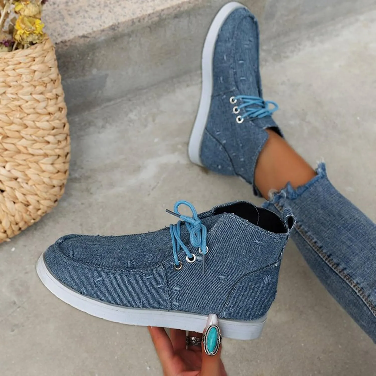 Women's Dress Flat Ballet Low Wedge New Flat Bottom High Top Canvas Women's Shoes Denim Women's Ballet Flat Comfortable