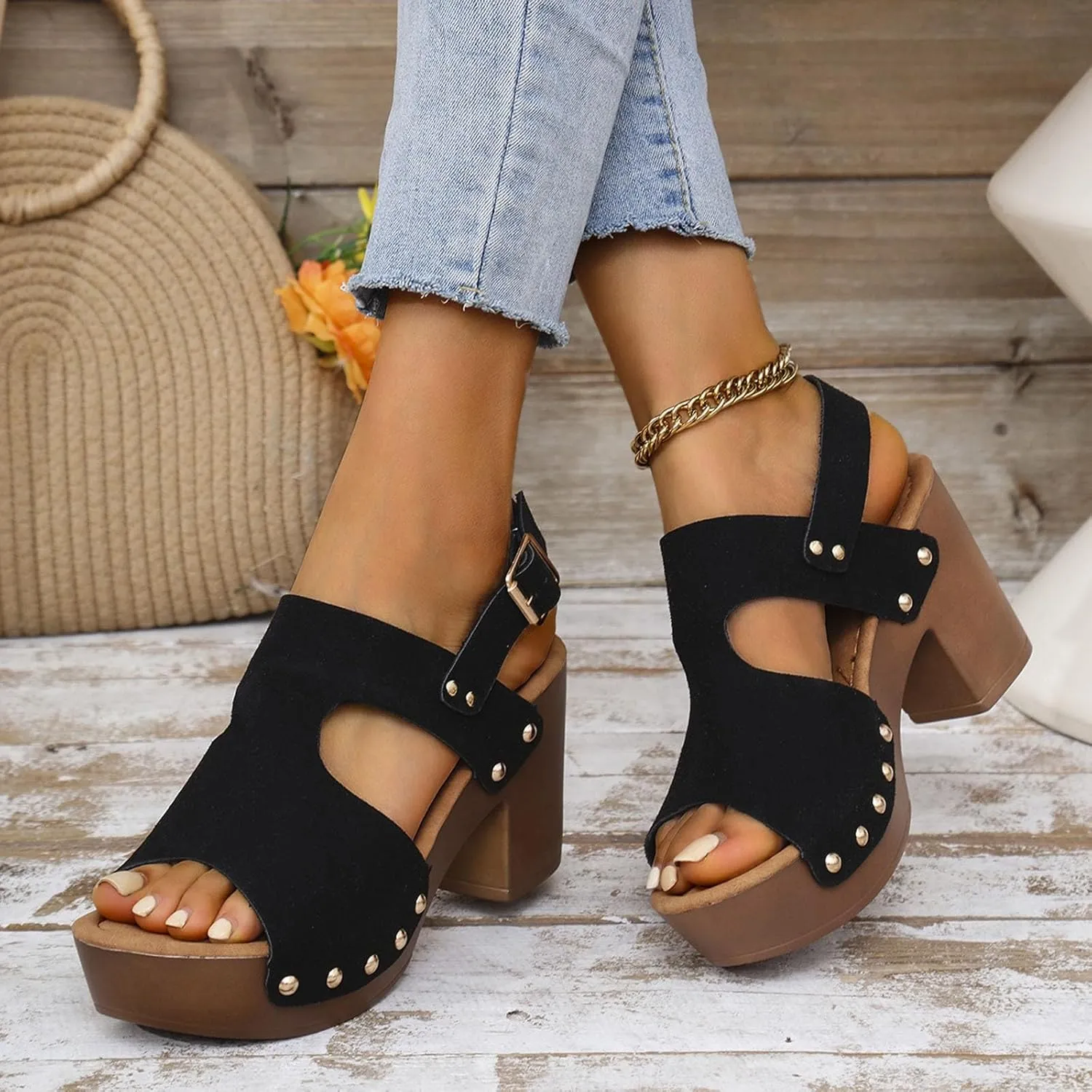 Women's Fashion Hollow Leather Wedge Sandals Casual Comfortable Shoes Sandals Women 42