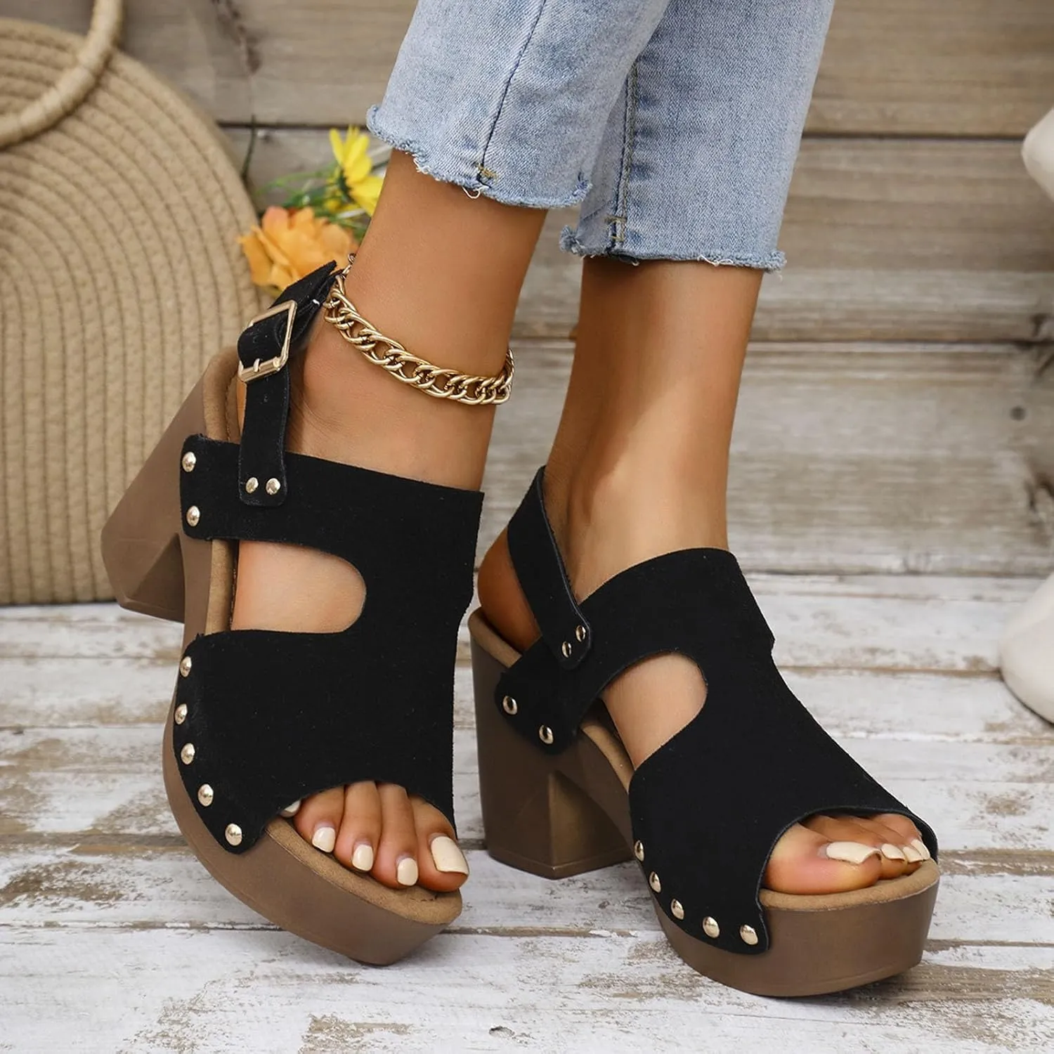 Women's Fashion Hollow Leather Wedge Sandals Casual Comfortable Shoes Sandals Women 42