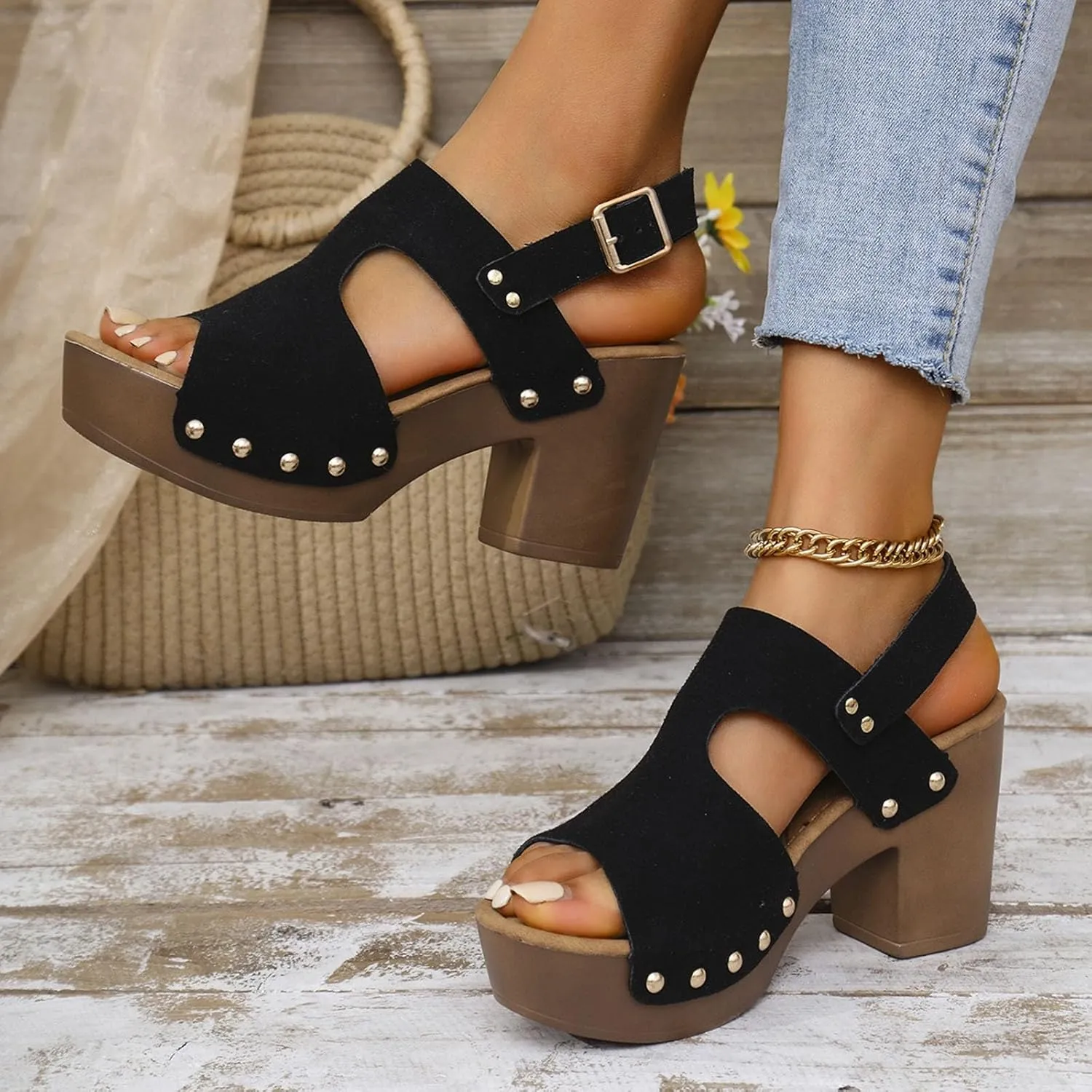 Women's Fashion Hollow Leather Wedge Sandals Casual Comfortable Shoes Sandals Women 42