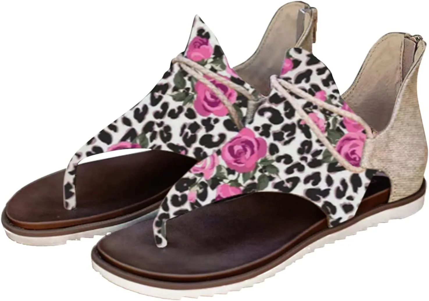 Womens Flip Flops Zipper Open Beach Sandals Close Back Work Sandals For Women Sort Sole Flat Print Flowers Sandals