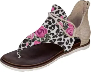 Womens Flip Flops Zipper Open Beach Sandals Close Back Work Sandals For Women Sort Sole Flat Print Flowers Sandals