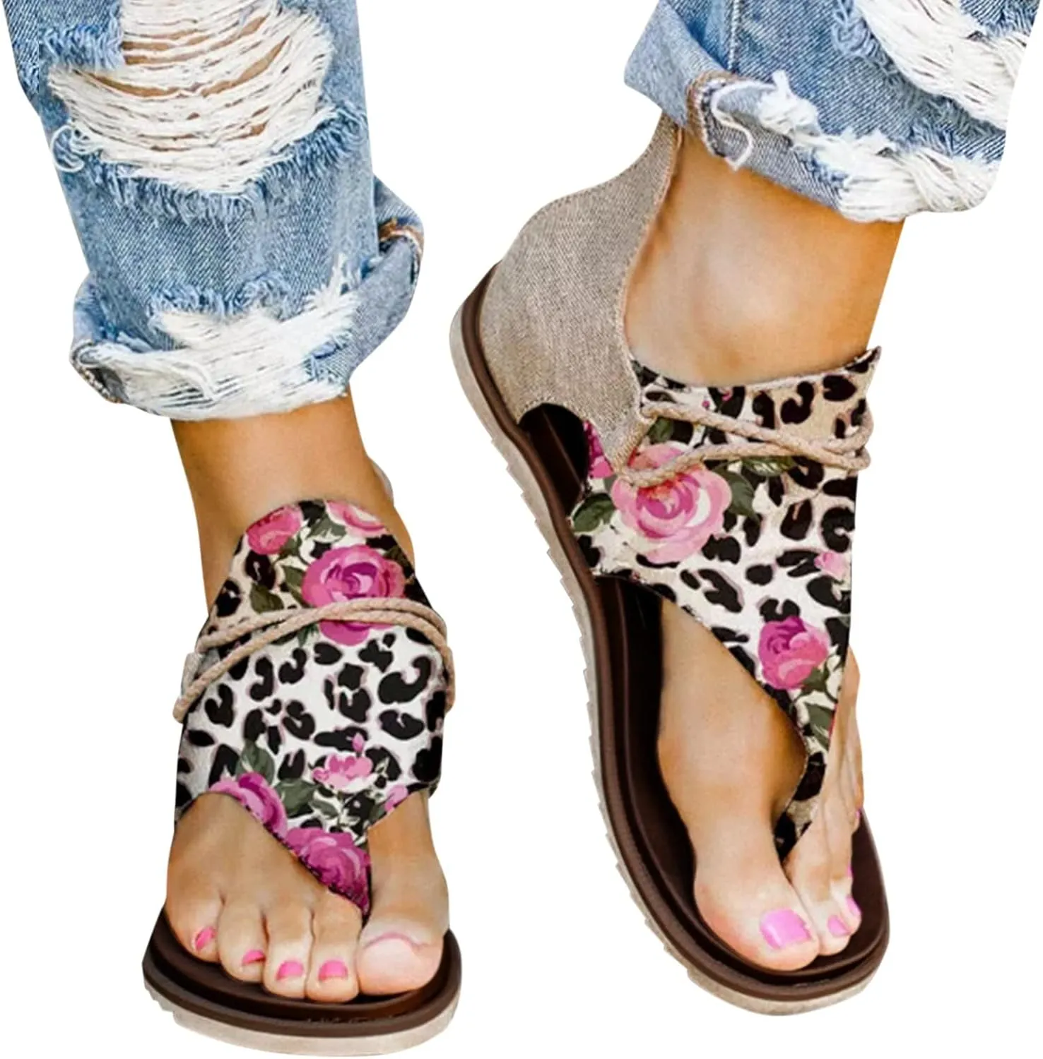 Womens Flip Flops Zipper Open Beach Sandals Close Back Work Sandals For Women Sort Sole Flat Print Flowers Sandals
