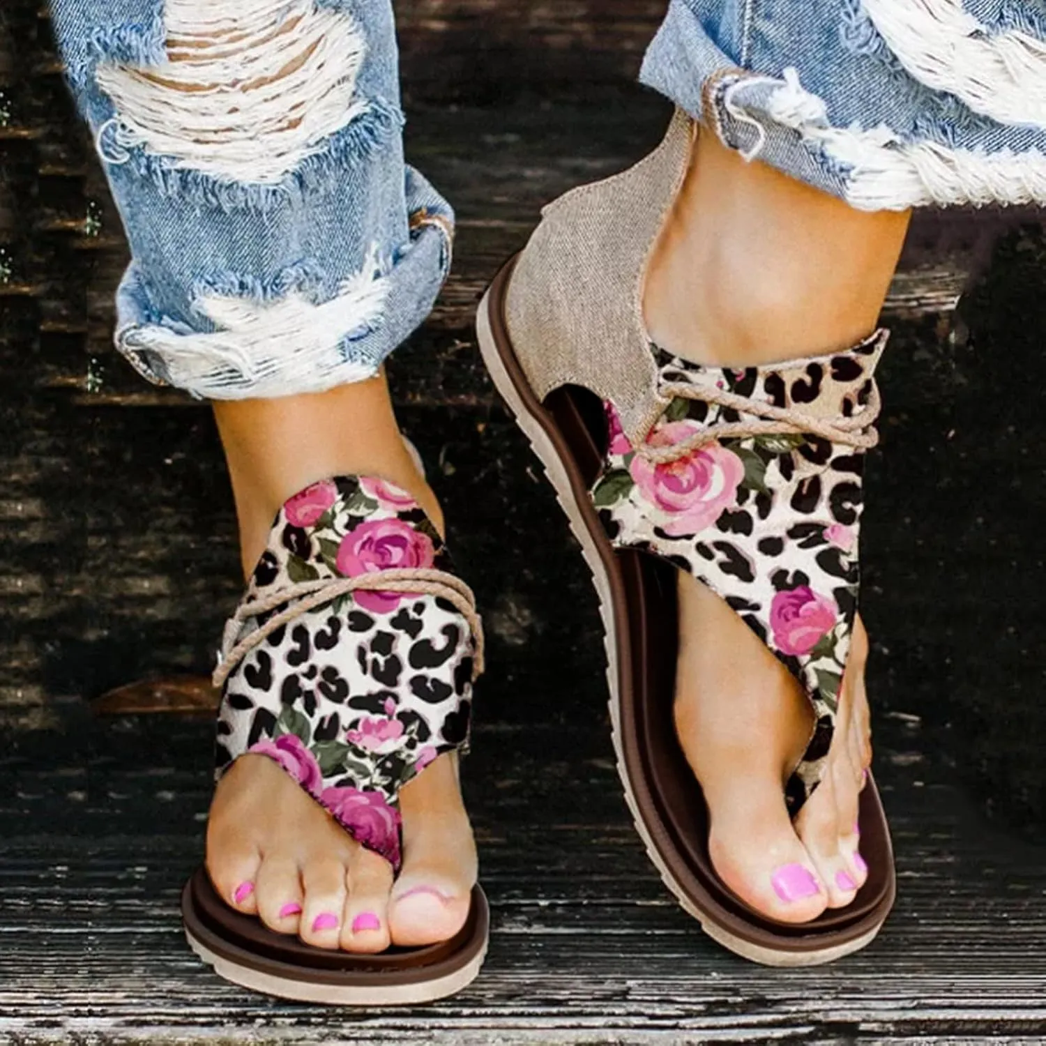 Womens Flip Flops Zipper Open Beach Sandals Close Back Work Sandals For Women Sort Sole Flat Print Flowers Sandals