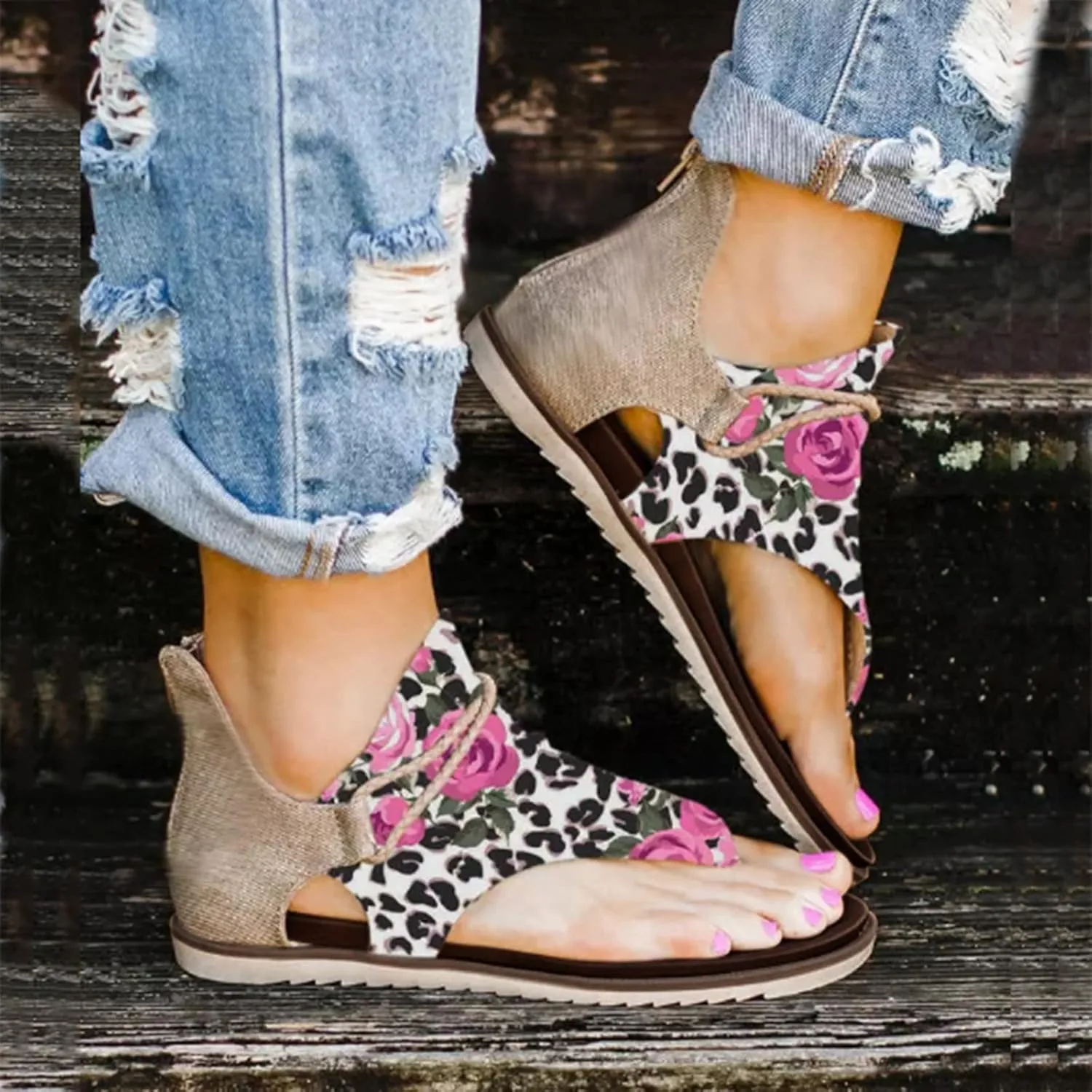 Womens Flip Flops Zipper Open Beach Sandals Close Back Work Sandals For Women Sort Sole Flat Print Flowers Sandals