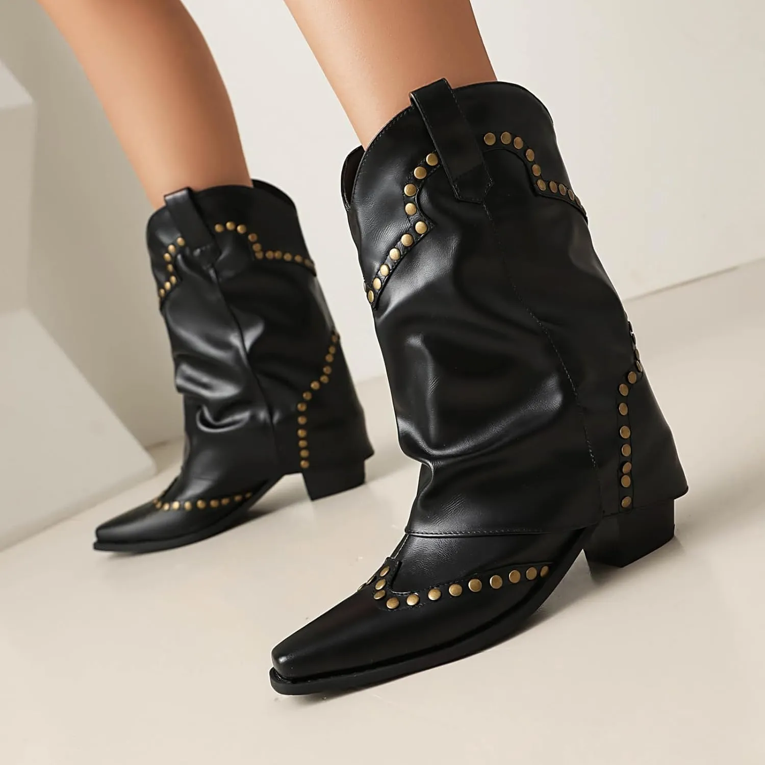 Women's Fold Over Studded Ankle Boots Chunky Block Heels Pull on Pointed Toe Dress Tall Boots