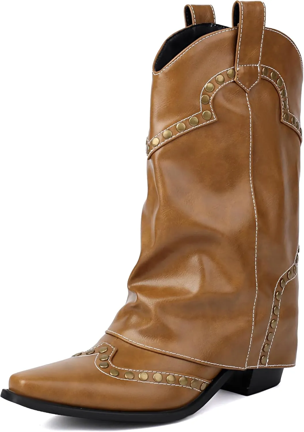 Women's Fold Over Studded Ankle Boots Chunky Block Heels Pull on Pointed Toe Dress Tall Boots