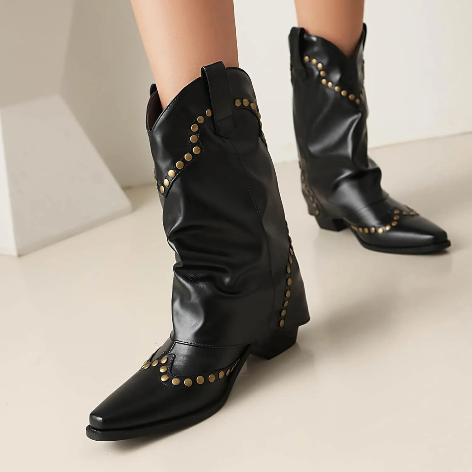 Women's Fold Over Studded Ankle Boots Chunky Block Heels Pull on Pointed Toe Dress Tall Boots