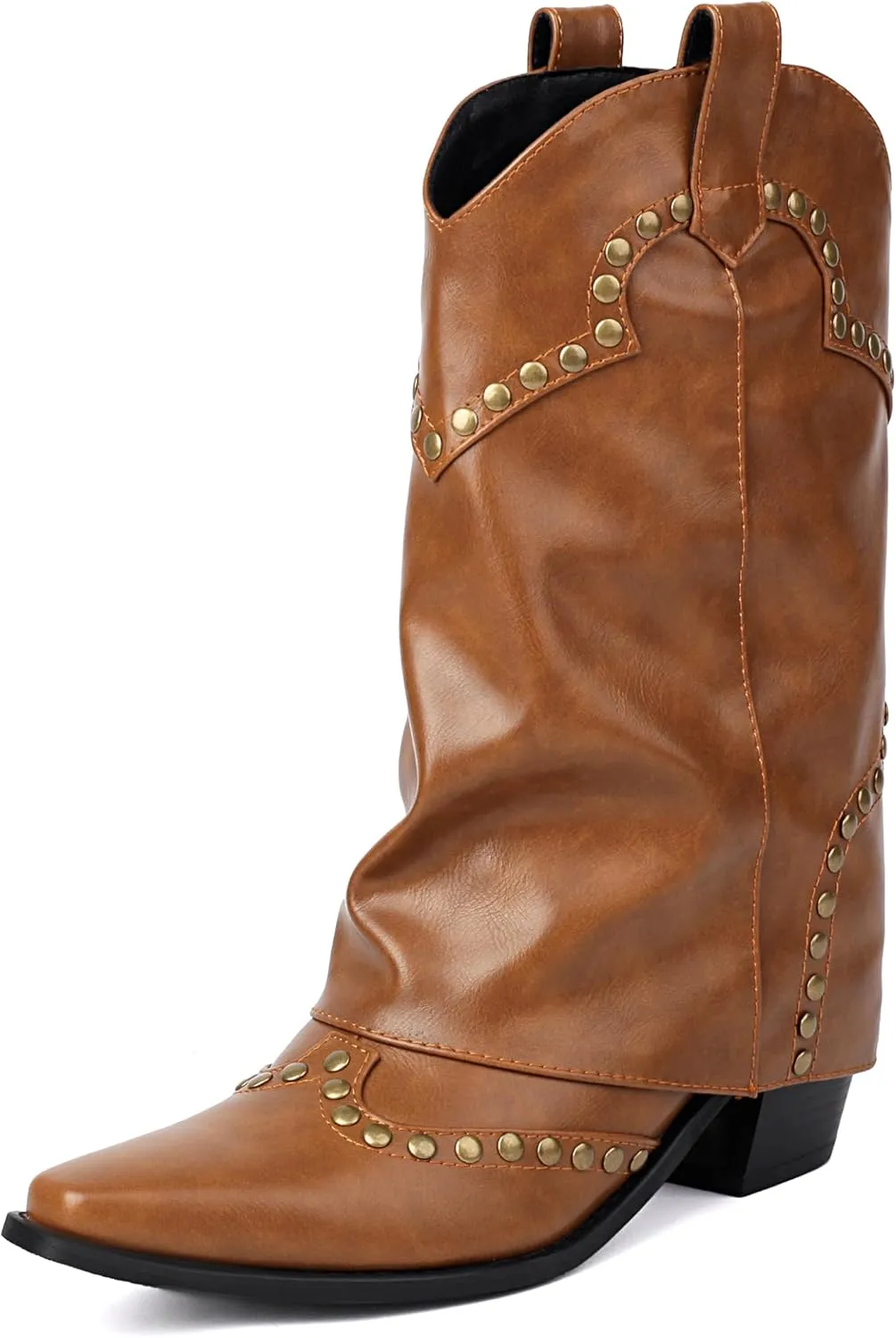 Women's Fold Over Studded Ankle Boots Chunky Block Heels Pull on Pointed Toe Dress Tall Boots