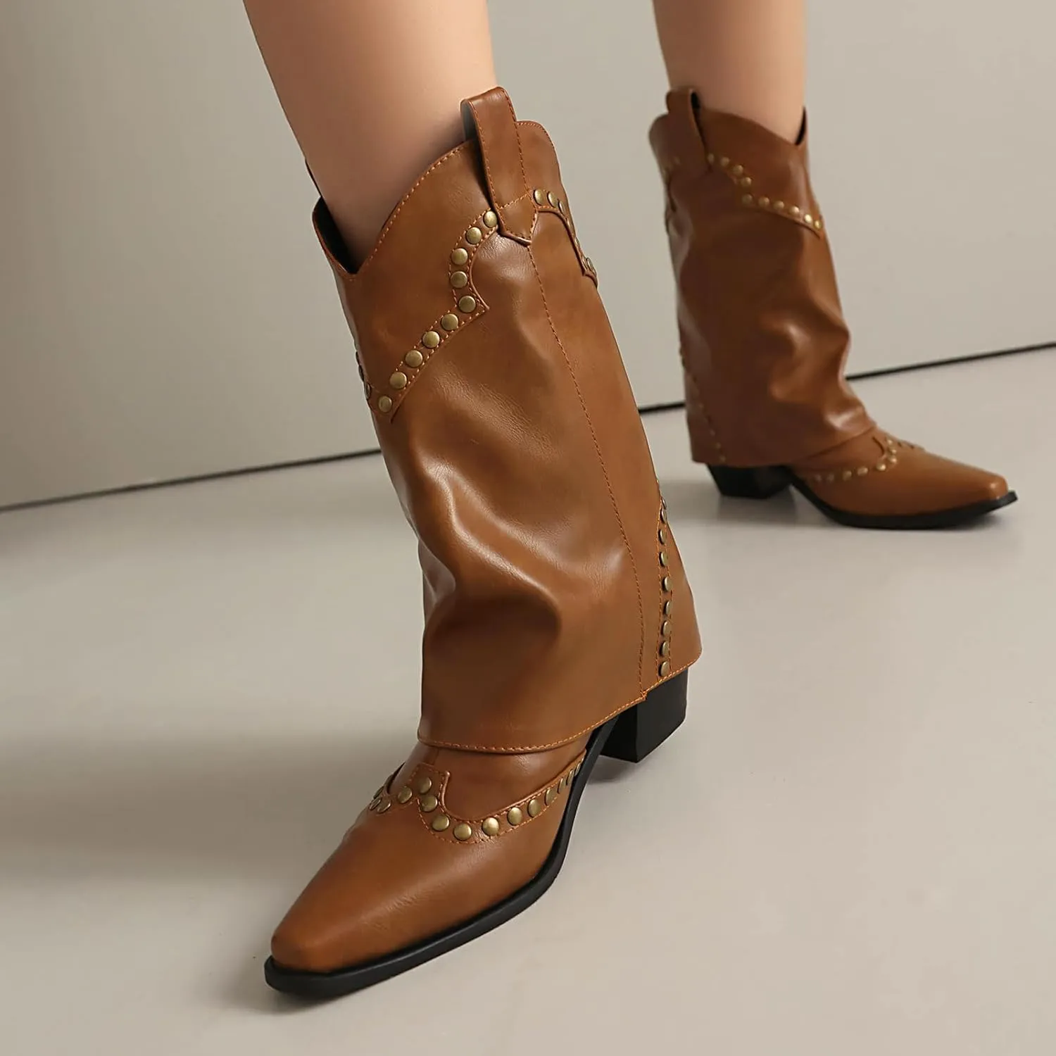 Women's Fold Over Studded Ankle Boots Chunky Block Heels Pull on Pointed Toe Dress Tall Boots