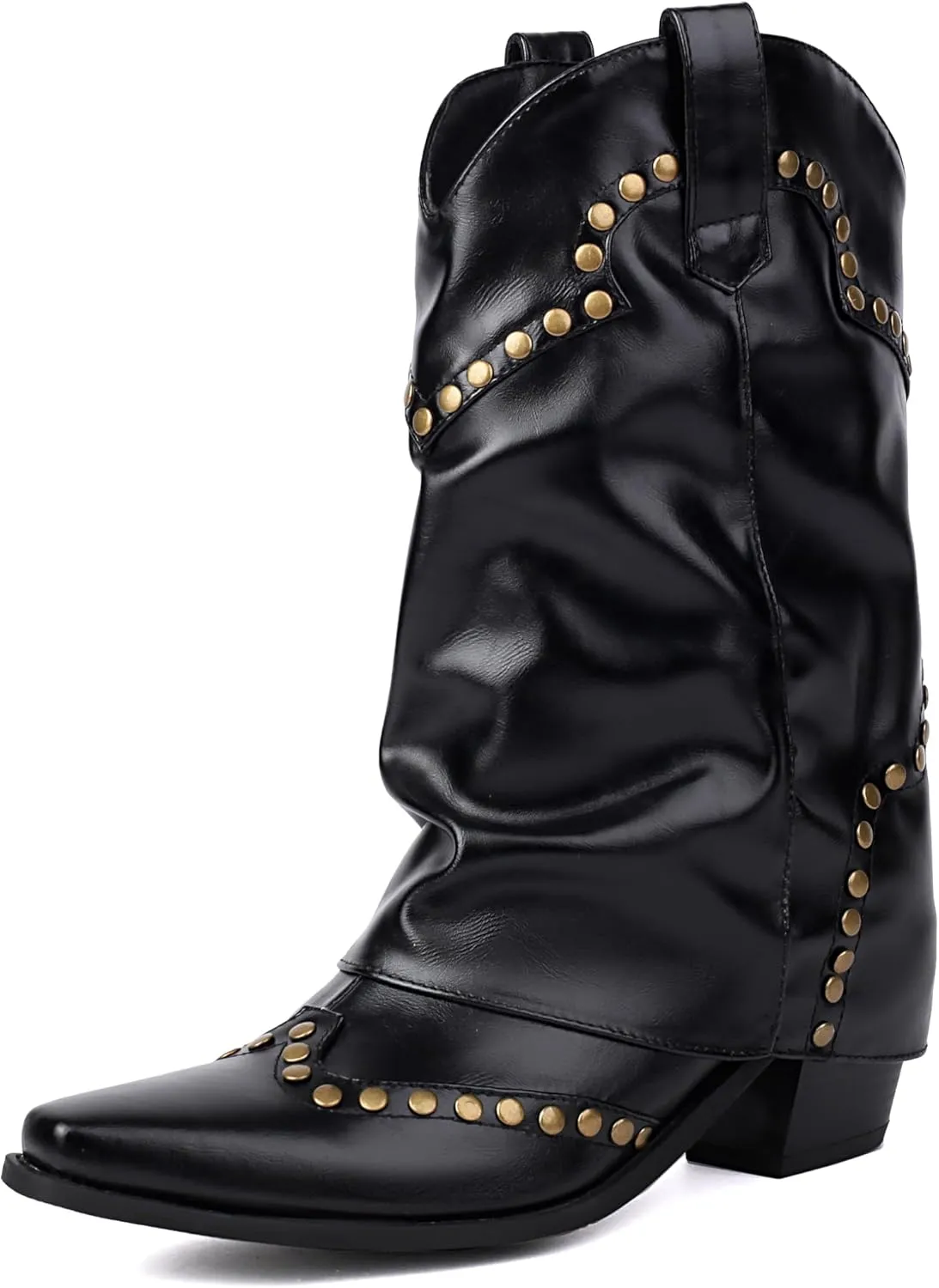 Women's Fold Over Studded Ankle Boots Chunky Block Heels Pull on Pointed Toe Dress Tall Boots