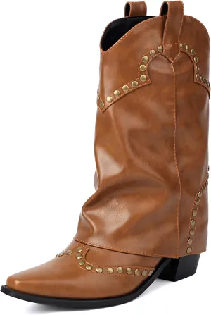 Women's Fold Over Studded Ankle Boots Chunky Block Heels Pull on Pointed Toe Dress Tall Boots
