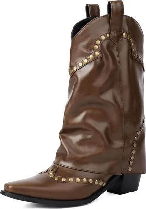 Women's Fold Over Studded Ankle Boots Chunky Block Heels Pull on Pointed Toe Dress Tall Boots
