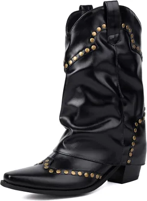 Women's Fold Over Studded Ankle Boots Chunky Block Heels Pull on Pointed Toe Dress Tall Boots