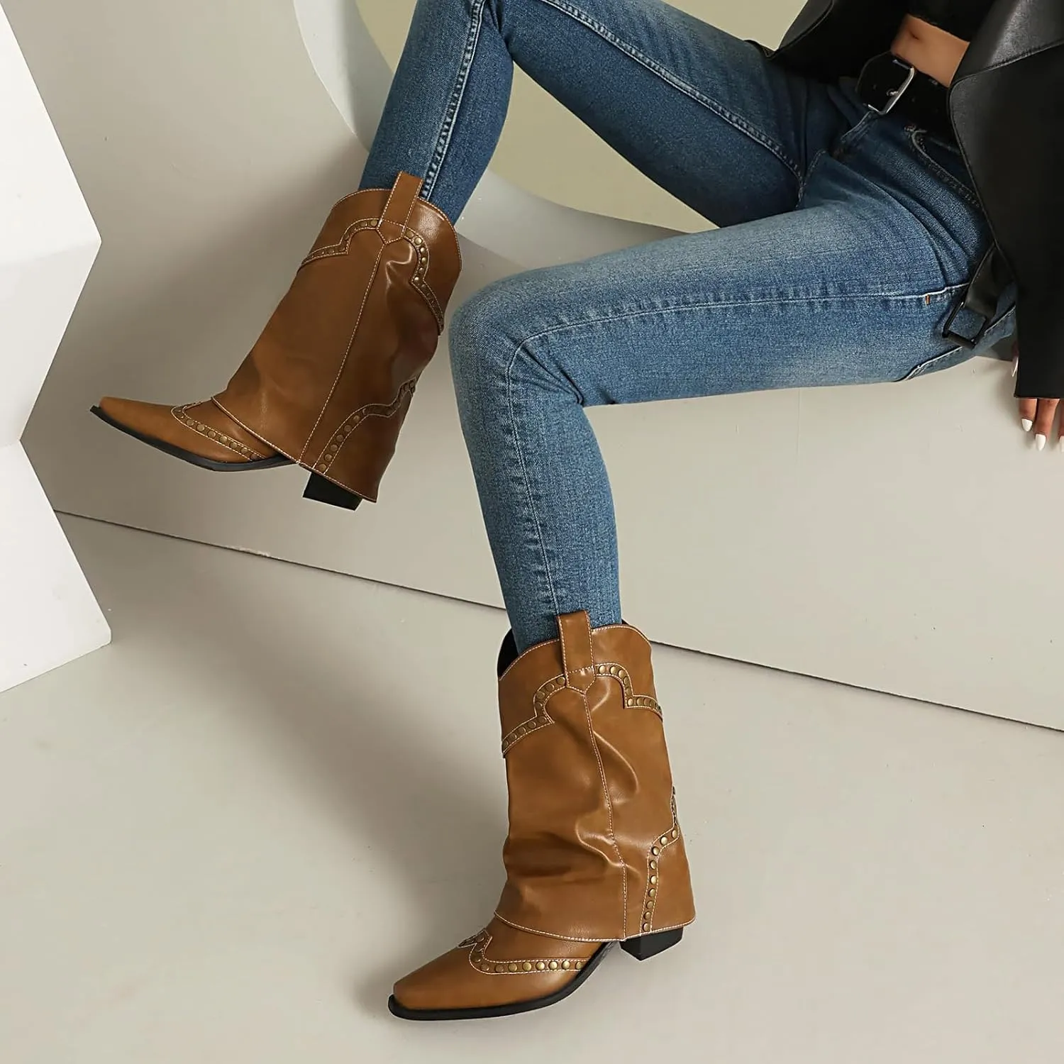 Women's Fold Over Studded Ankle Boots Chunky Block Heels Pull on Pointed Toe Dress Tall Boots