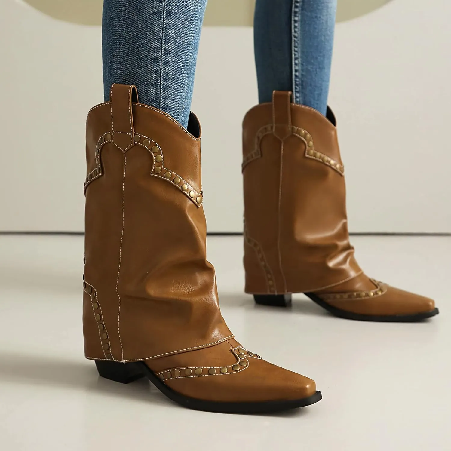Women's Fold Over Studded Ankle Boots Chunky Block Heels Pull on Pointed Toe Dress Tall Boots