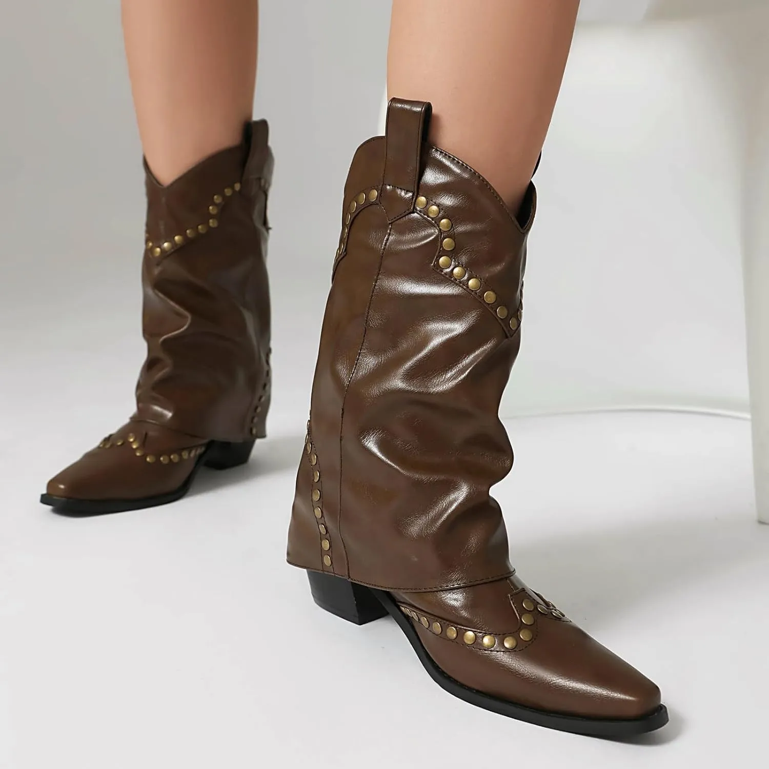 Women's Fold Over Studded Ankle Boots Chunky Block Heels Pull on Pointed Toe Dress Tall Boots