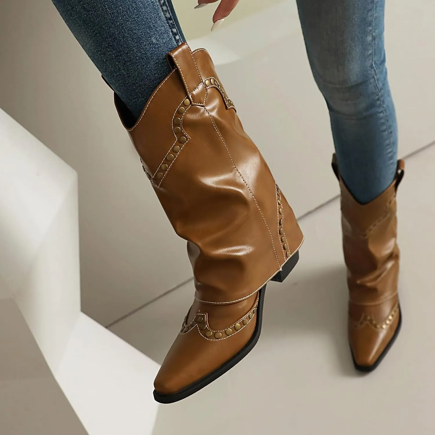 Women's Fold Over Studded Ankle Boots Chunky Block Heels Pull on Pointed Toe Dress Tall Boots