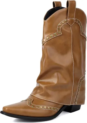 Women's Fold Over Studded Ankle Boots Chunky Block Heels Pull on Pointed Toe Dress Tall Boots