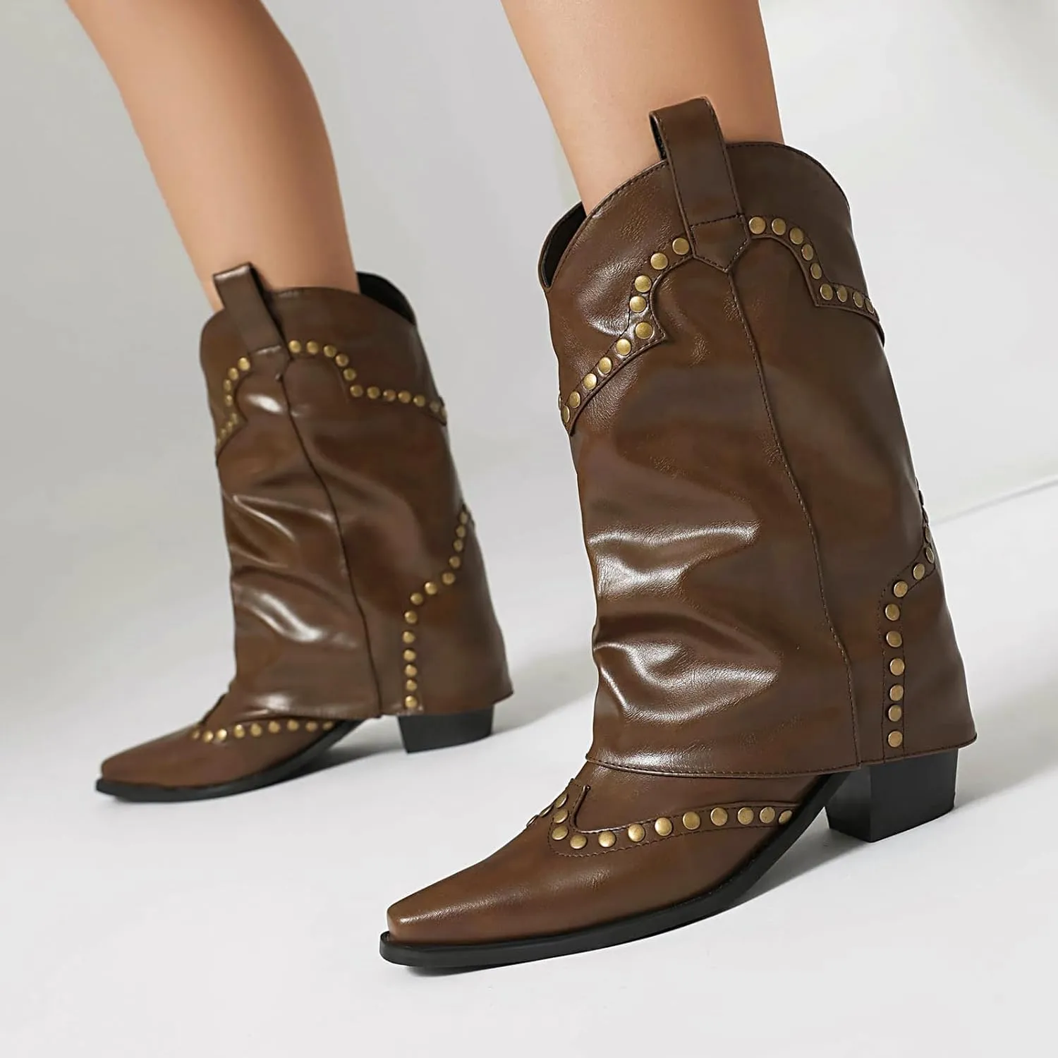 Women's Fold Over Studded Ankle Boots Chunky Block Heels Pull on Pointed Toe Dress Tall Boots