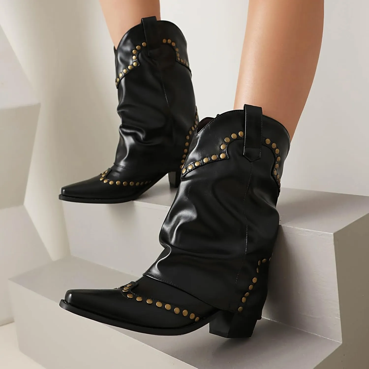 Women's Fold Over Studded Ankle Boots Chunky Block Heels Pull on Pointed Toe Dress Tall Boots
