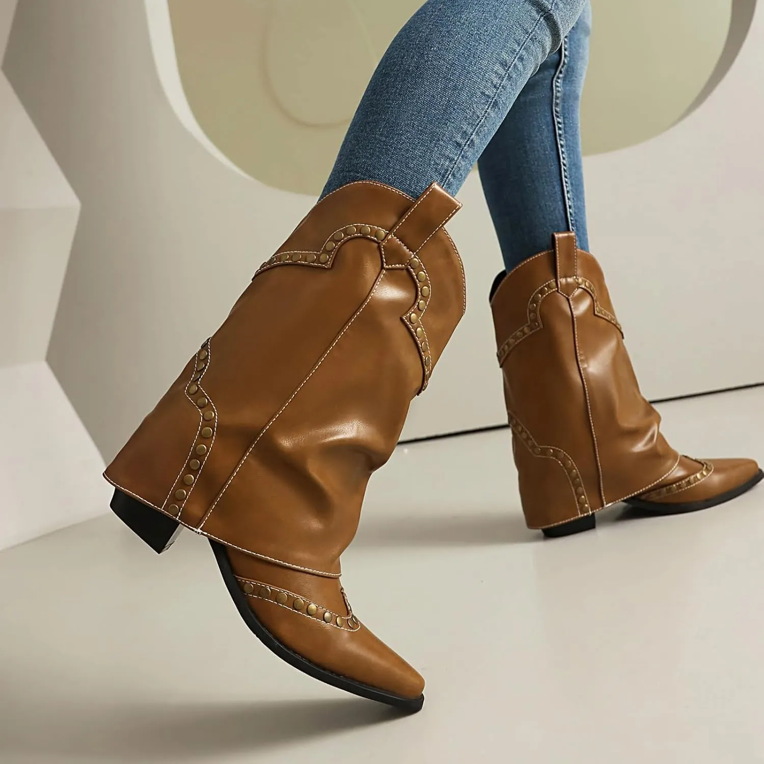 Women's Fold Over Studded Ankle Boots Chunky Block Heels Pull on Pointed Toe Dress Tall Boots
