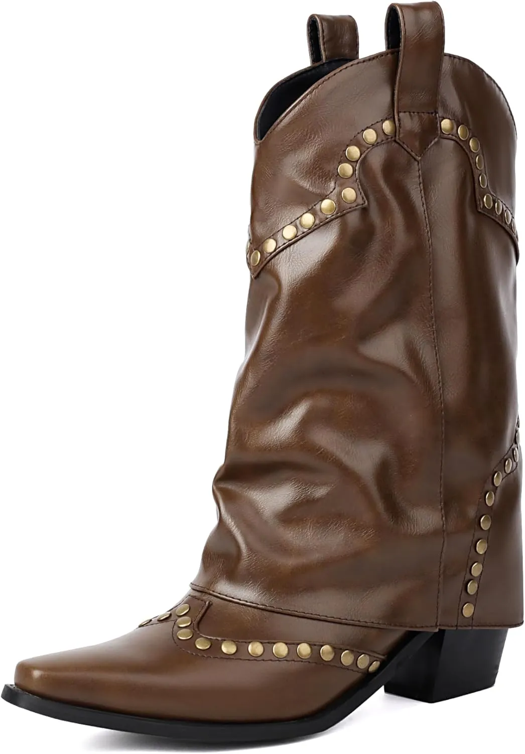 Women's Fold Over Studded Ankle Boots Chunky Block Heels Pull on Pointed Toe Dress Tall Boots